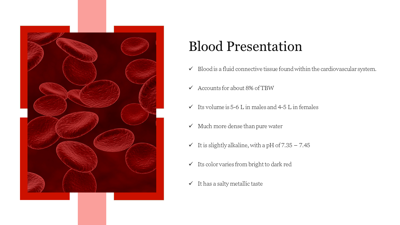 Close-up illustration of red blood cells on a red background with a text box detailing blood facts.