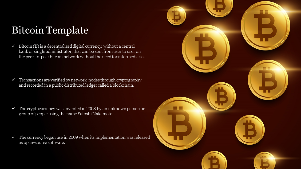 Dark-themed bitcoin template with gold coin graphics on the right and text placeholder areas on the left.