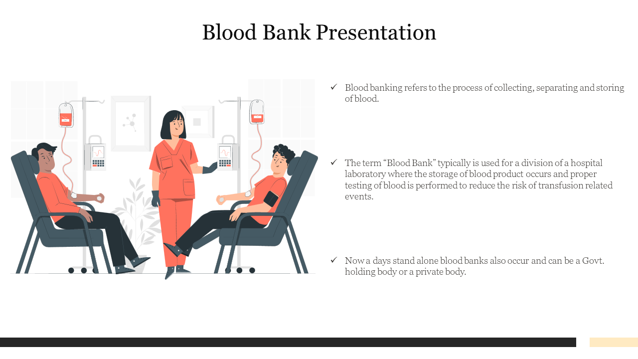 Illustration of two donors in reclining chairs, a nurse between them, with text about blood banking processes.