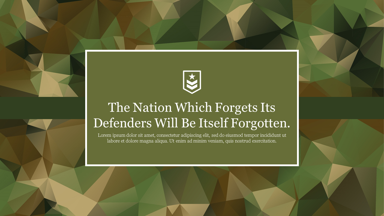 Abstract green camouflage design featuring angular shapes and a centered rectangular text box with a military emblem.