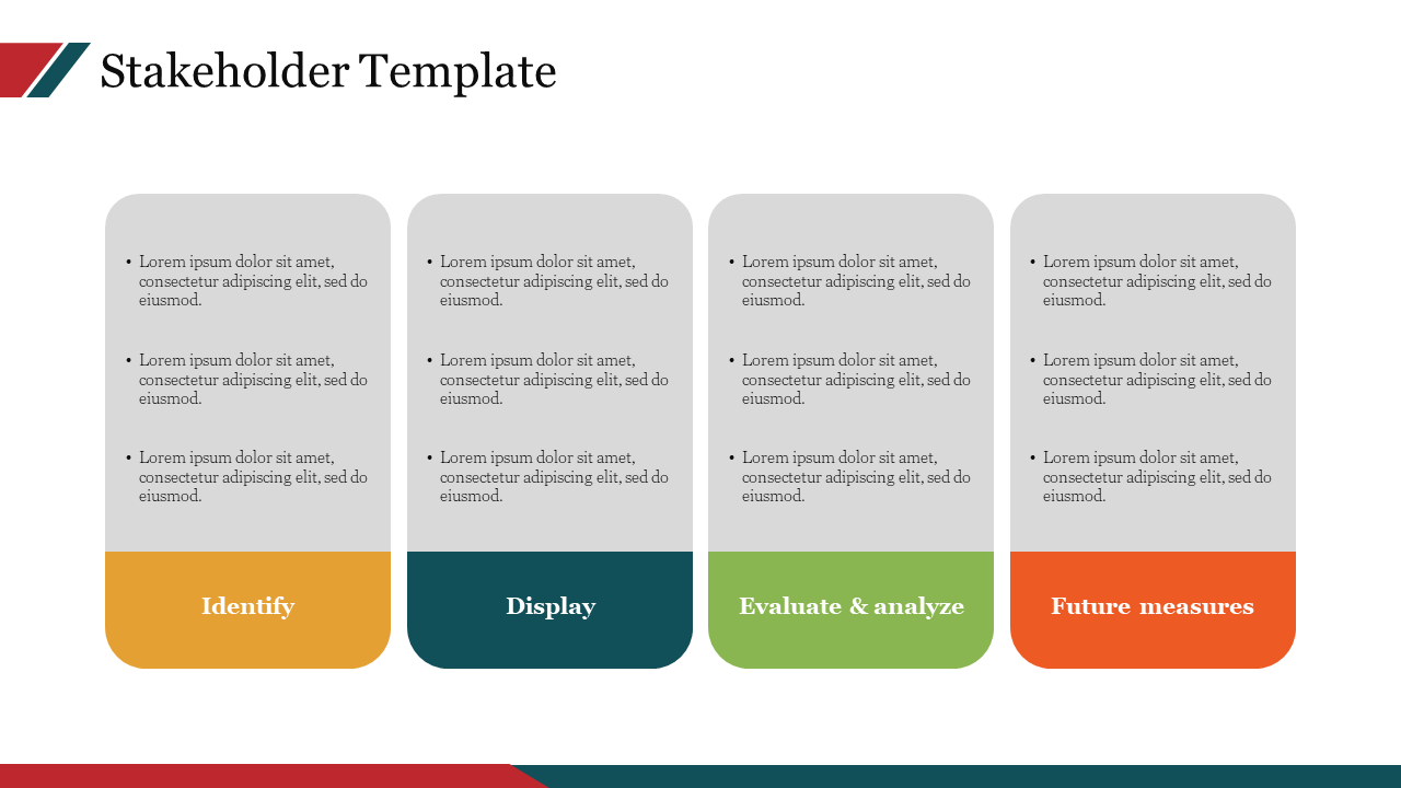 Stakeholder slide with four gray sections, each labeled with colored titles in orange, teal, green, and red, at the bottom.