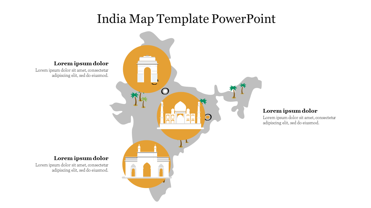 India map slide with colorful landmarks like the taj mahal, gateway of india, and india gate are highlighted.