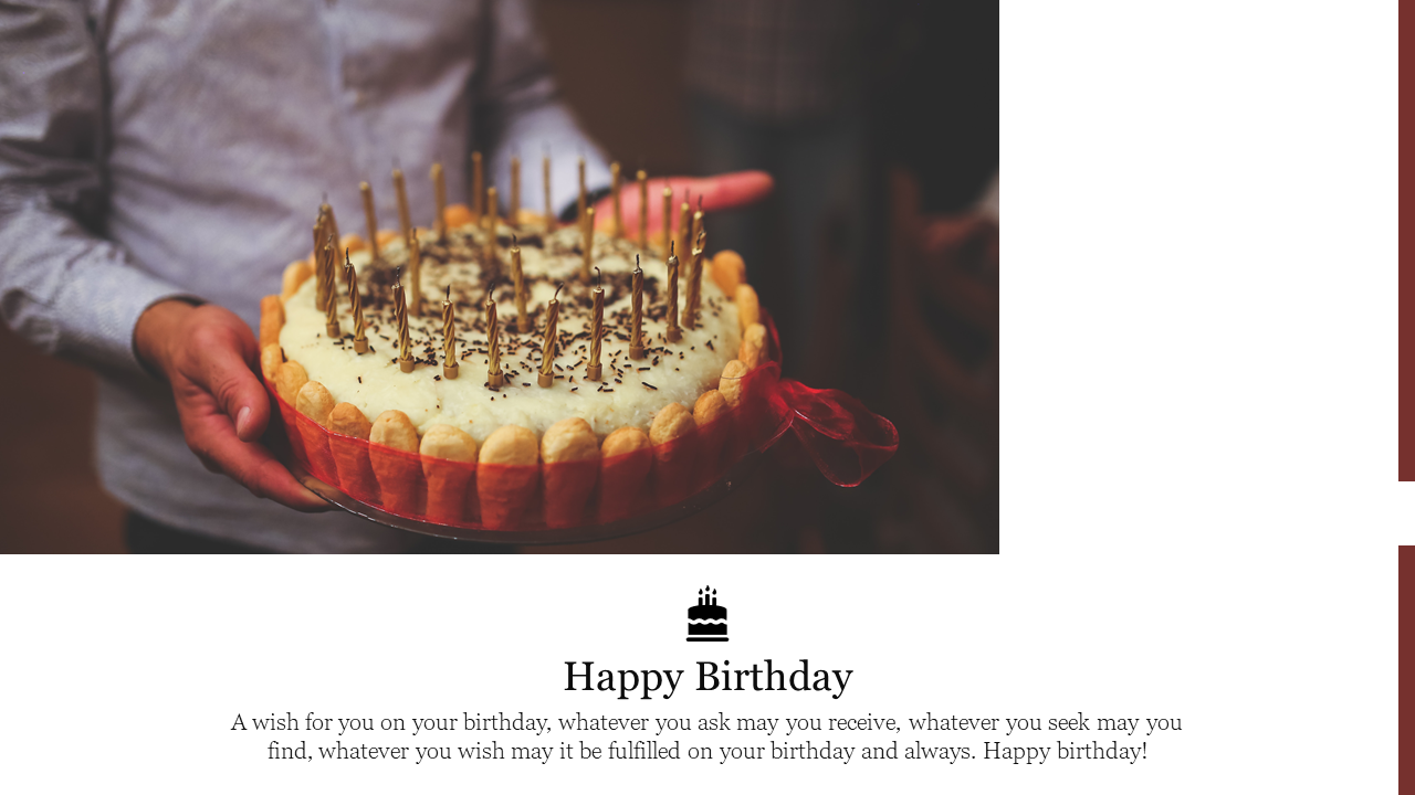 A person holding a birthday cake with candles, accompanied by a heartfelt birthday wish message.