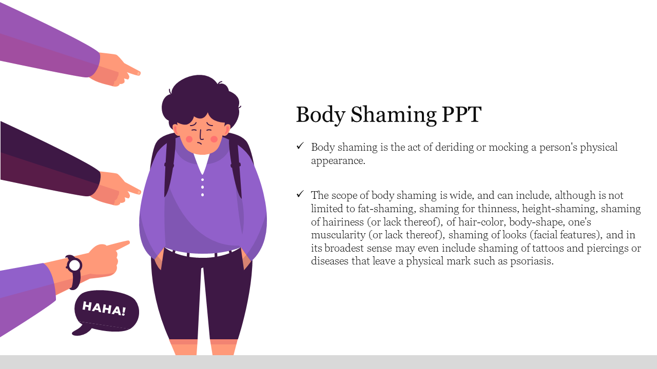 Illustration of a person with slumped posture, looking sad with pointing hands in purple accent and text about body shaming.