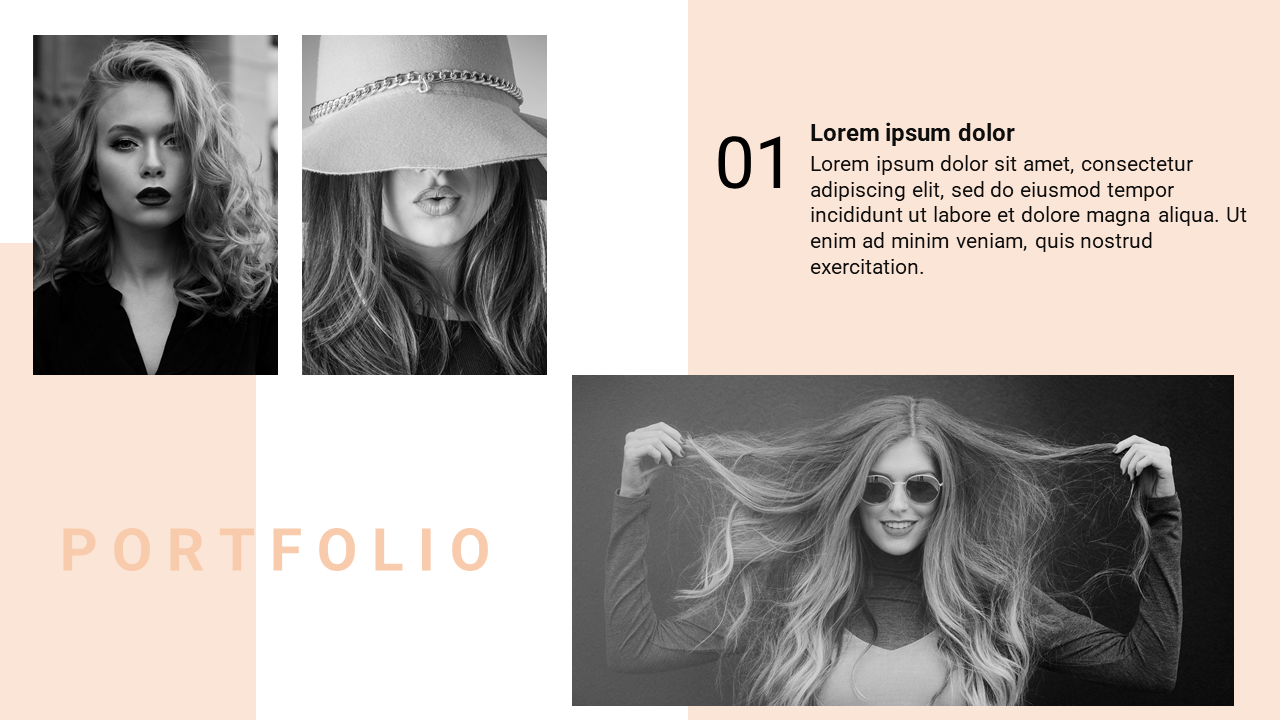 Portfolio slide with three stylish portraits of women in black and white, on a soft peach background.