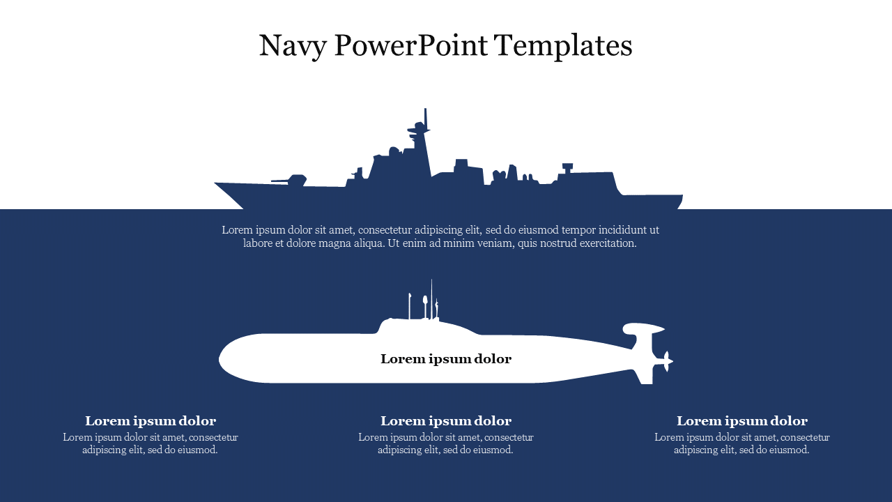 Slide showing a navy ship silhouette above and a submarine outline below, with a two tone white and blue background.