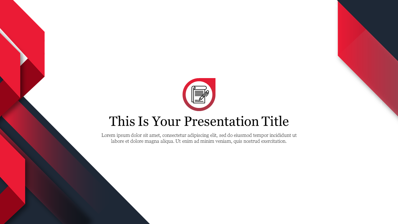 Background title slide with a modern design, featuring red geometric shapes, with a title text and a circle with icon.