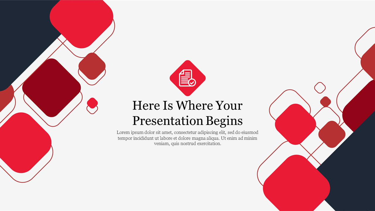 A modern PowerPoint slide with abstract red squares and a prominent section for the presentation title.