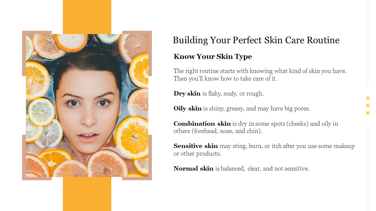 Woman's face surrounded by citrus slices on the left; skincare routine tips and skin type descriptions on the right.