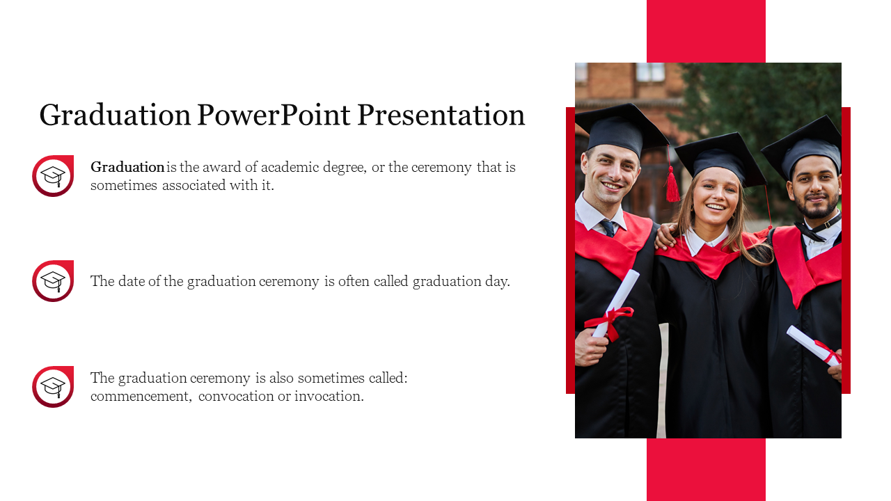 Slide featuring three graduates in caps and gowns, with definitions and explanations of graduation with icons.