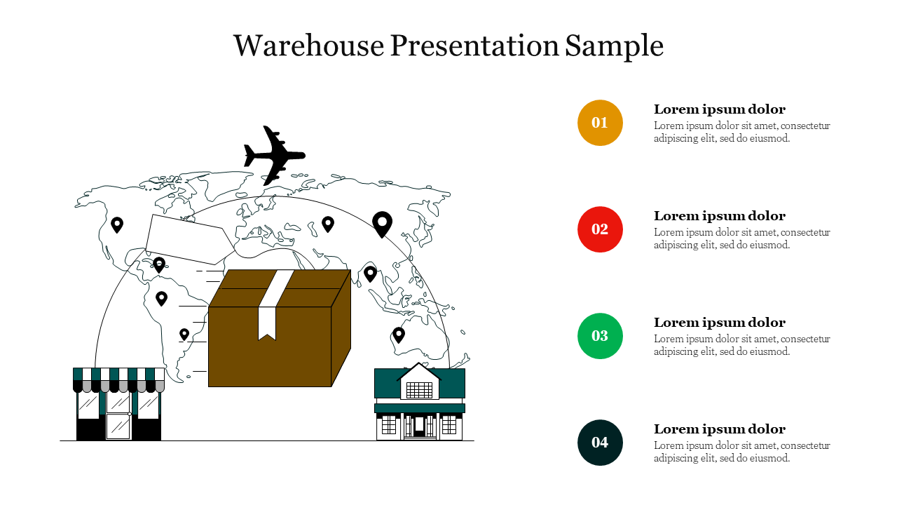 Warehouse slide showing a world map with package icons, airplane, and four numbered points, with captions in colored circles.