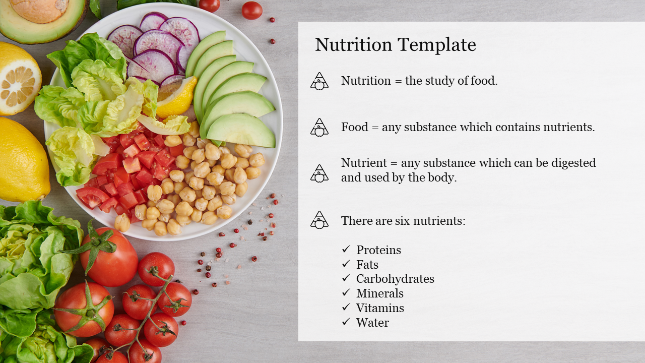 Vibrant salad bowl with lettuce, avocado, tomatoes, and chickpeas on the left, alongside captions on a white background.