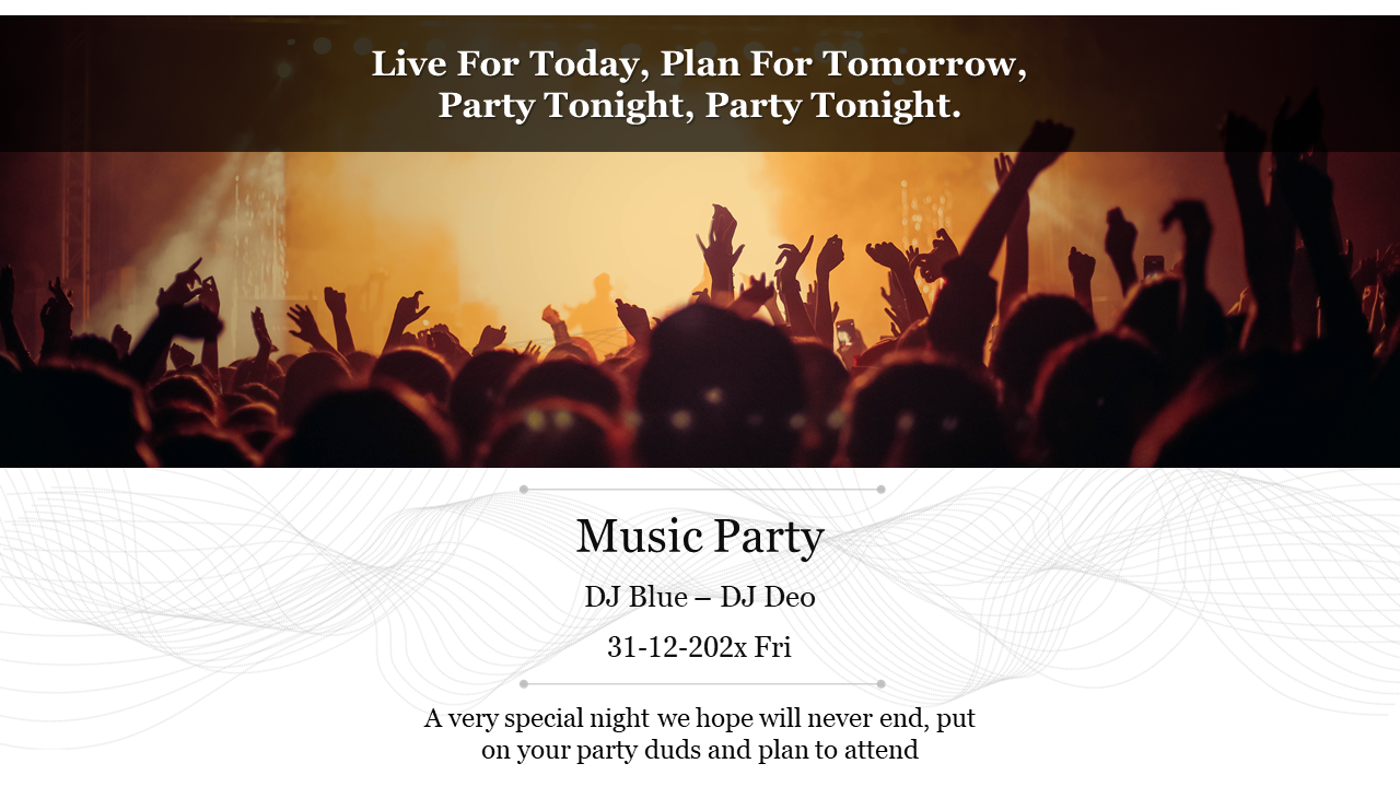 Party invitation slide featuring a lively crowd with vibrant lighting, announcing a music party hosted by DJ Blue and DJ Deo.