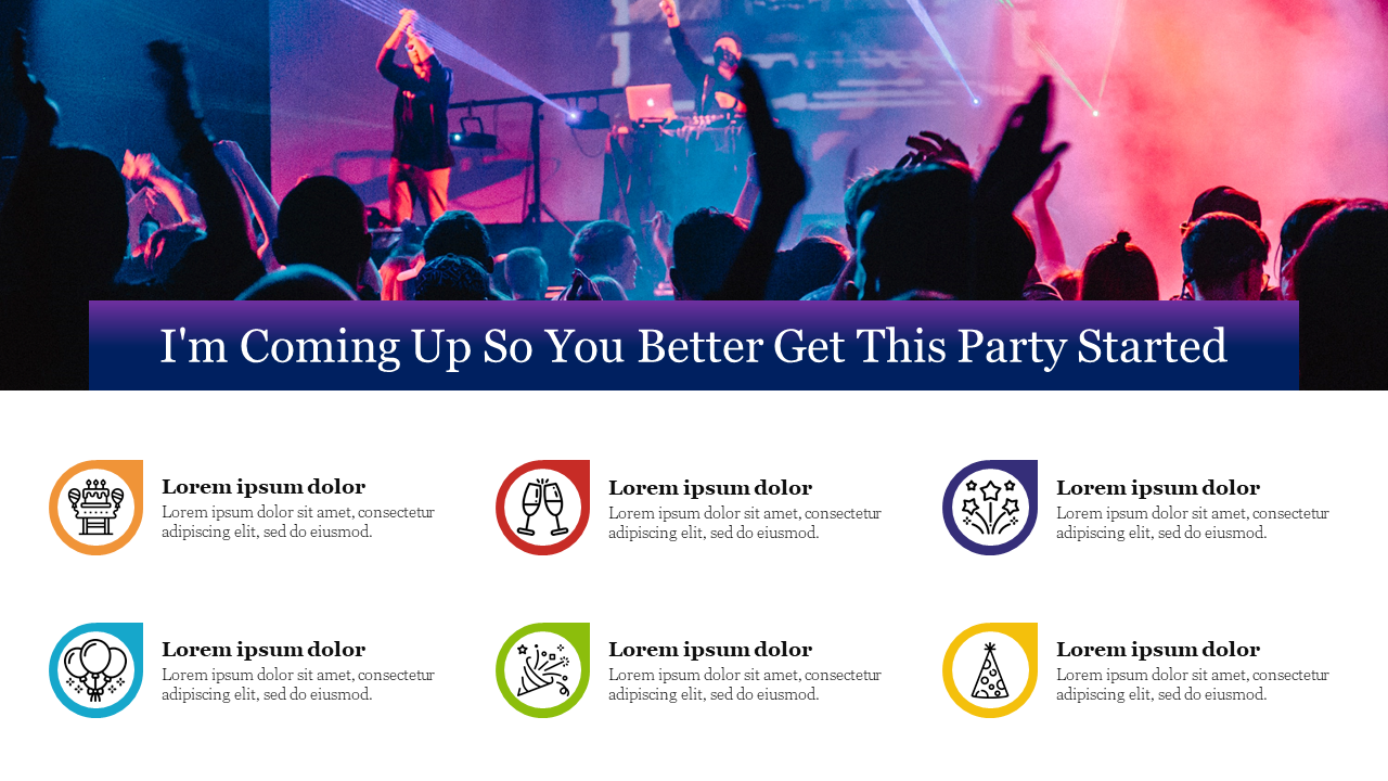 Party scene with vibrant lights and DJ on a blue gradient backdrop, and six colorful icons on a white section below.