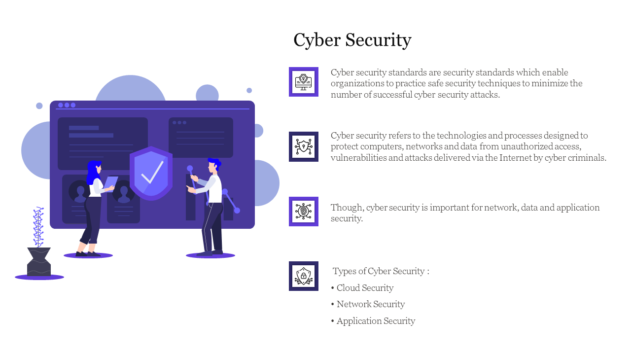 Cyber security slide with illustrations of two people working with security systems and icons representing technology.