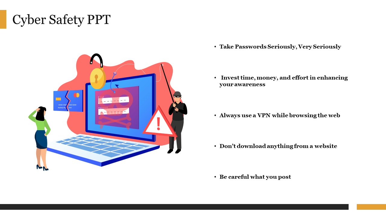 A vibrant slide highlighting essential cyber safety guidelines, including the importance of password security.