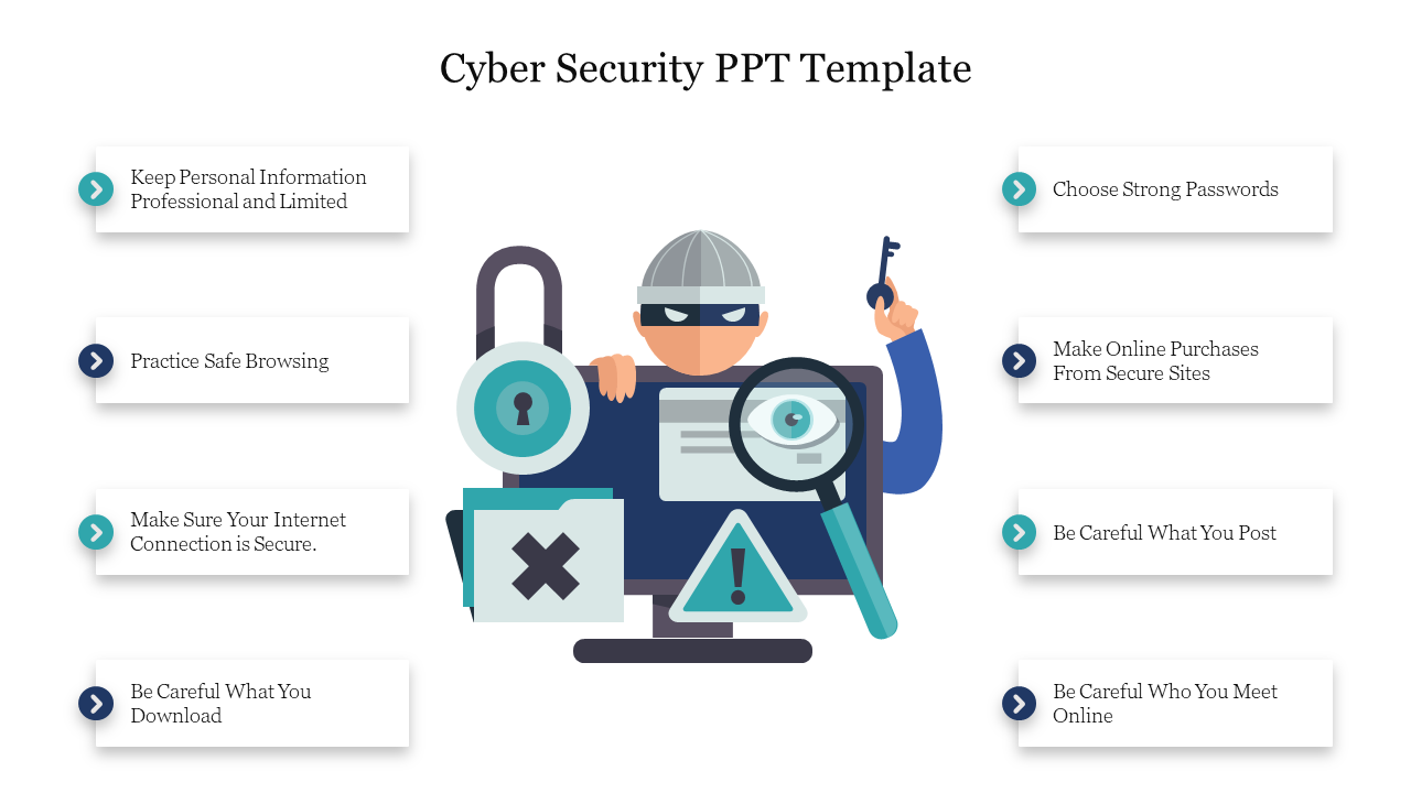 Cybersecurity slide featuring an illustration of a masked hacker with security icons and tips for online safety.