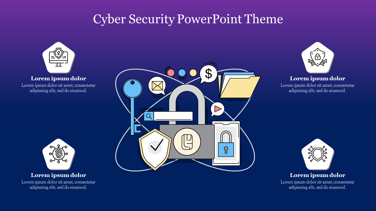 Cyber security theme with a locked padlock surrounded by icons representing various security measures.