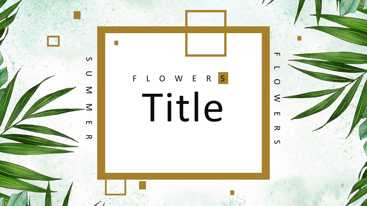 Elegant leaf-themed background slide, geometric gold accents, and a text surrounding a central title.