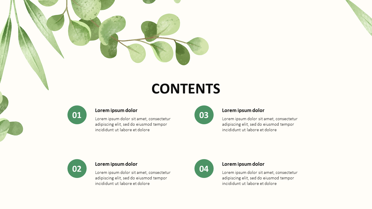 Contents slide with a nature theme, featuring green leaves at the top and numbered sections, each with a placeholder text.