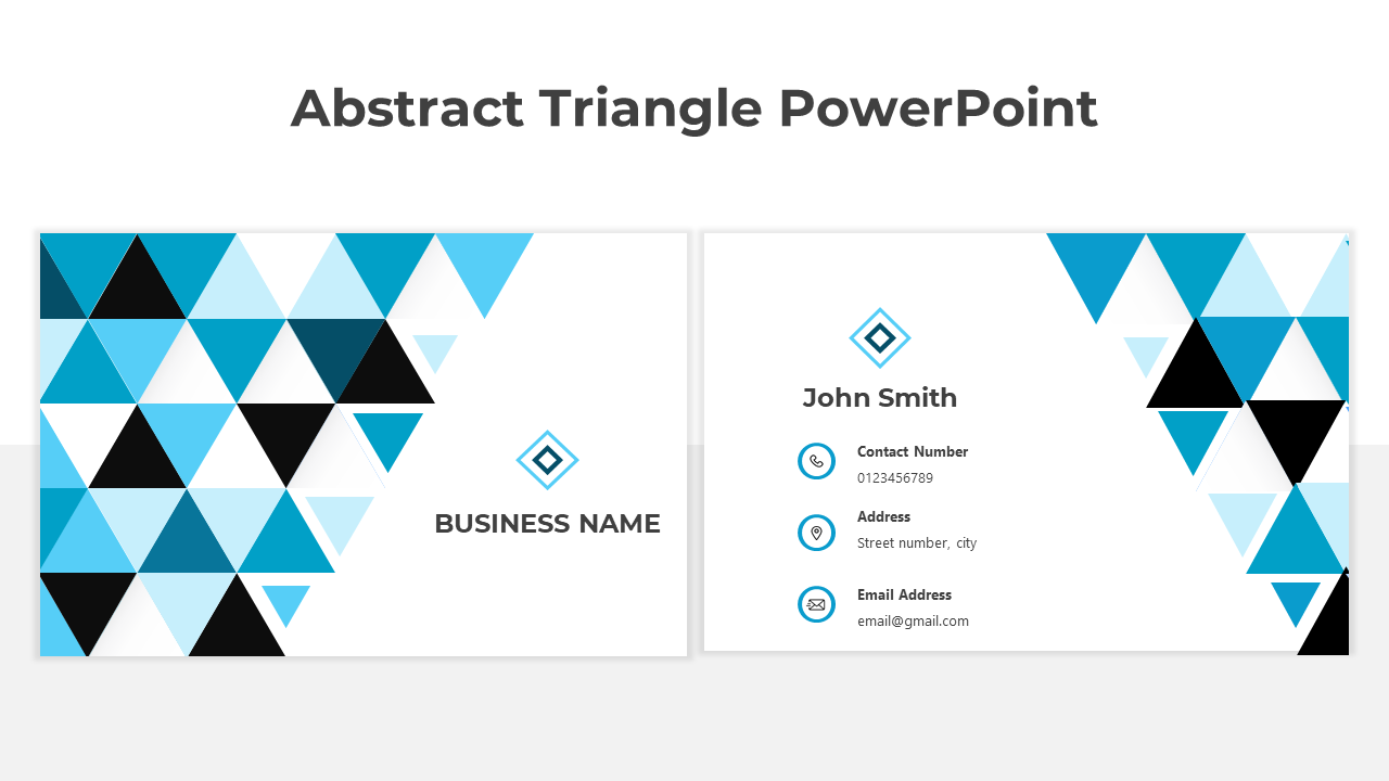 Abstract PPT design slide using blue geometric triangle patterns, featuring business name and personal contact information.