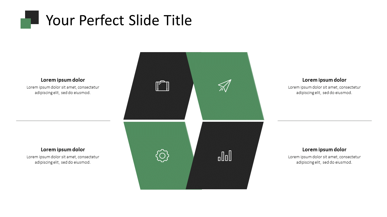 A creative layout with parallelogram shapes in black and green, with icons and placeholder text.