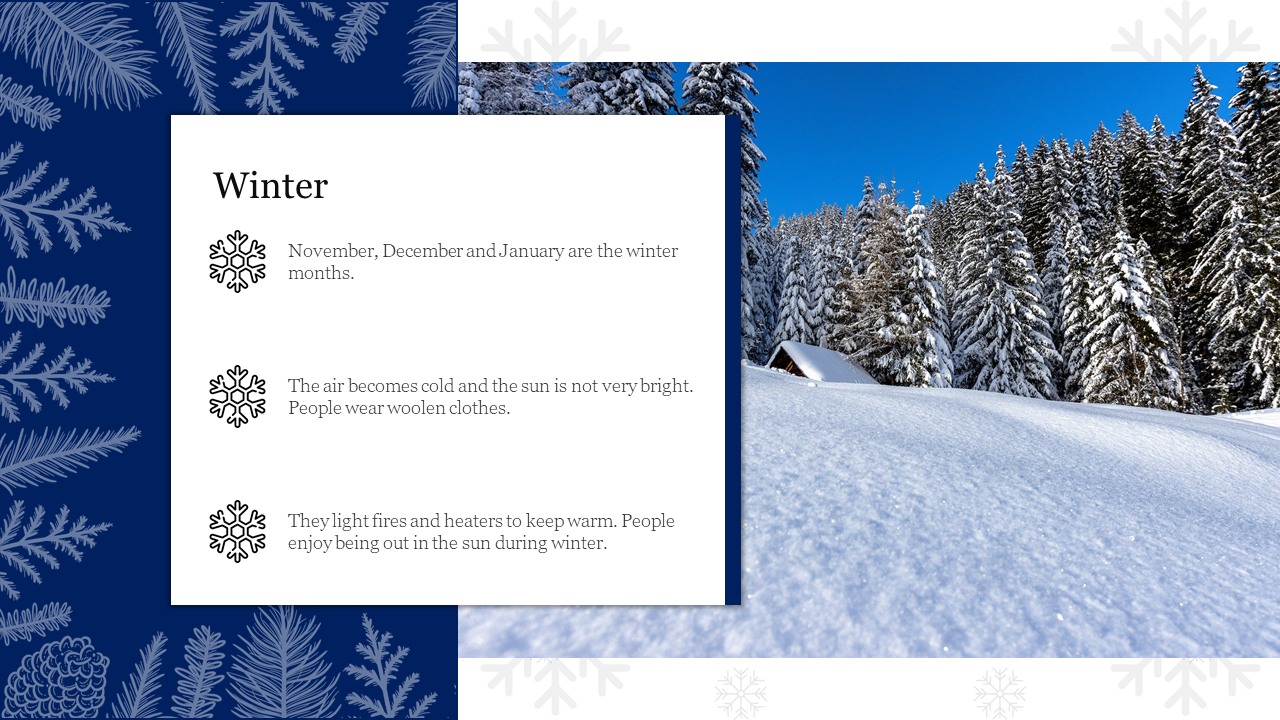 Winter themed slide with blue pine pattern background, descriptive text with snowflake icons, and snowy forest scene.