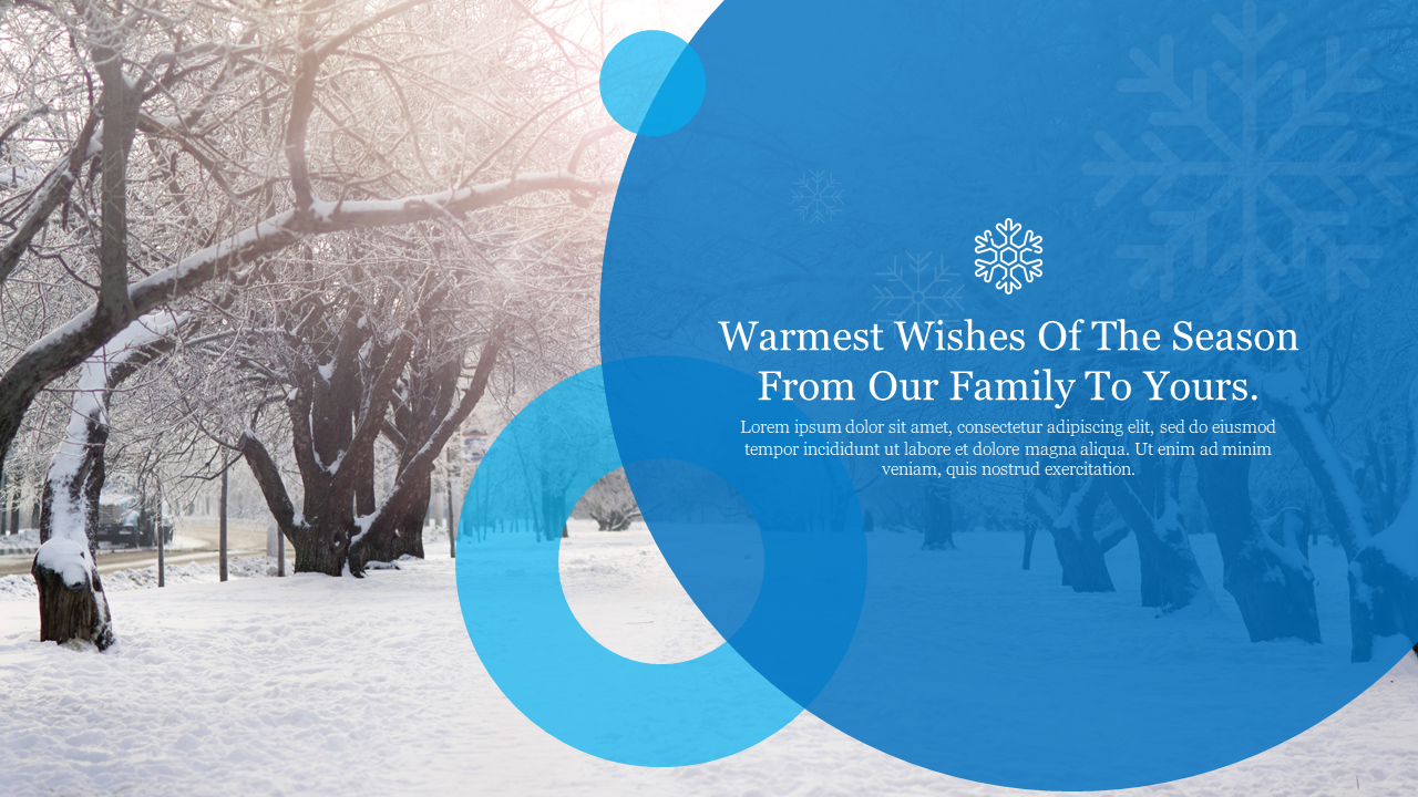 Snowy tree scene with overlapping blue circles and snowflake icon with winter greeting text overlay.