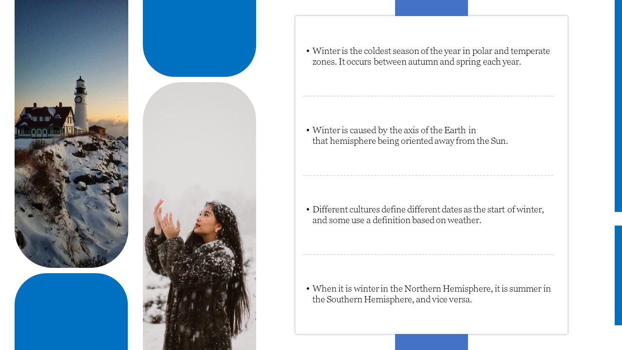 A winter themed PowerPoint slide showing a snowy landscape with a lighthouse and a woman enjoying the snow, paired with text.