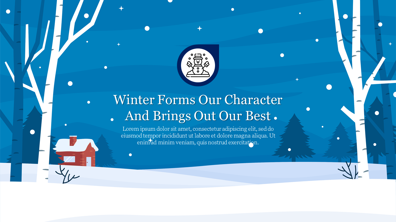 Illustrated winter background with trees, a snowy cabin, falling snowflakes, and centered text by a snowman icon.