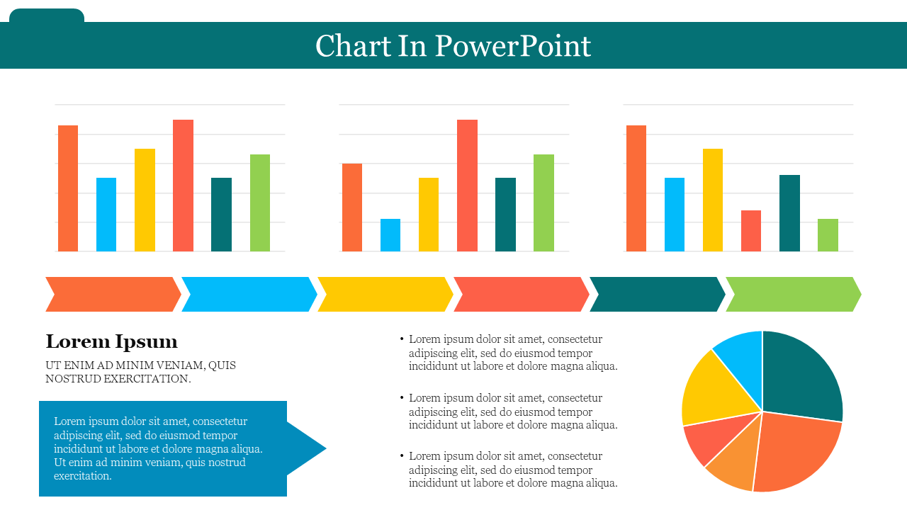 Slide with three bar charts, a pie chart, and arrow graphics in vibrant colors for data visualization.