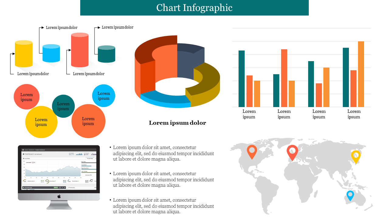 An infographic slide featuring various charts and graphs, such as a pie chart, bar graphs, and maps, with placeholder text.