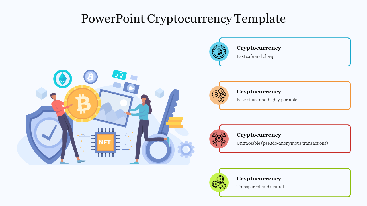 Cryptocurrency-themed slide with visuals of digital currency icons and four right-aligned boxes explaining characteristics.