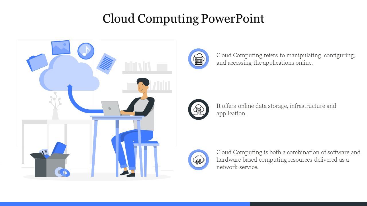 Illustration of a person using a laptop connected to a cloud with icons floating around, with text, in blue and gray theme.