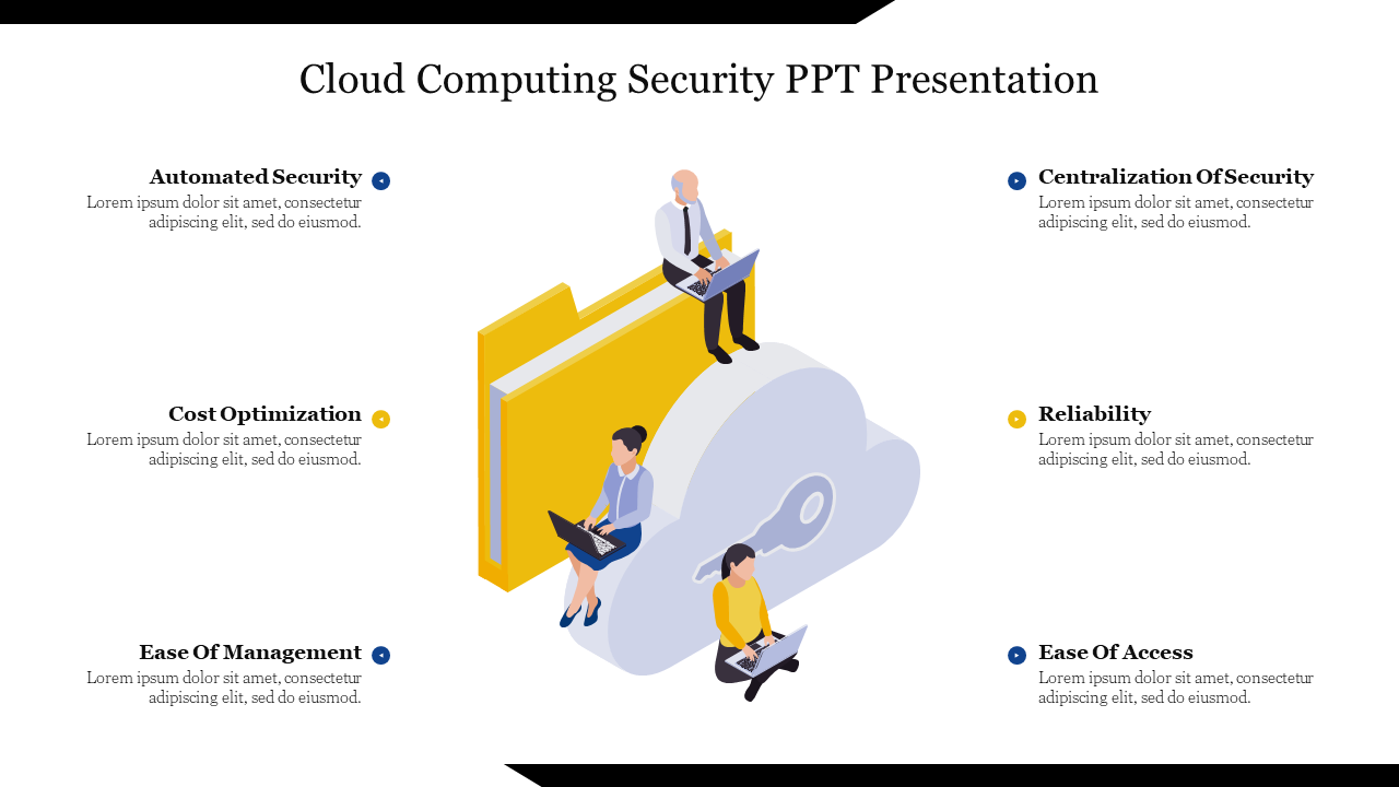 A cloud computing security benefits featuring illustrations of individuals working on laptops around a cloud and folder icon.