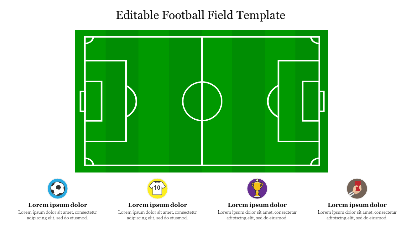 Top down view of green football field with white markings, and four circular icons with placeholder text below.