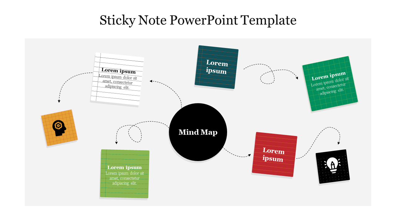 Slide with various colored sticky notes arranged around a central mind map with placeholder text.