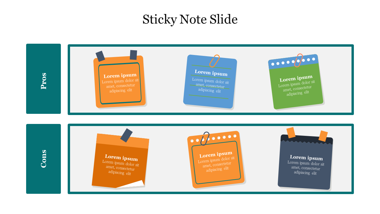 Infographic with two rows for pros and cons, featuring sticky notes in green, blue, orange, and gray with captions.