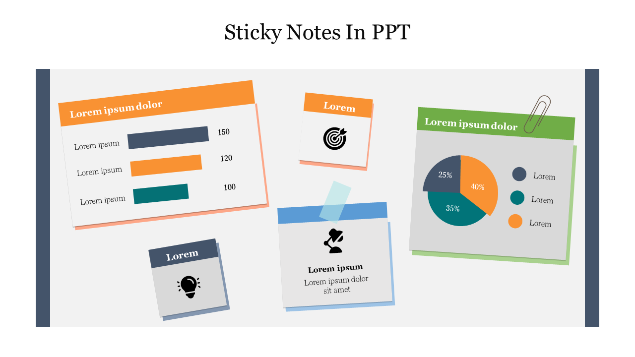 Sticky notes in orange, green, blue, and gray with various charts and icons pinned on a white surface.