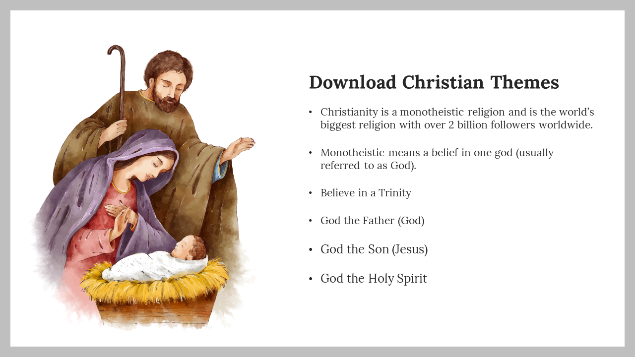 Christian-themed presentation slide with a nativity illustration and bullet points on core beliefs.