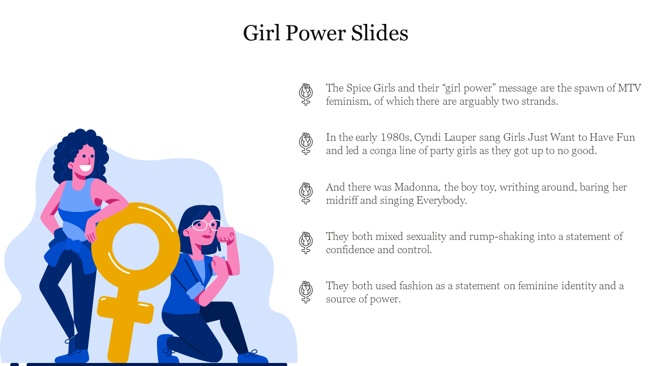 Two illustration of women stand by a large female gender symbol with list of five points about girl power and feminist icons.