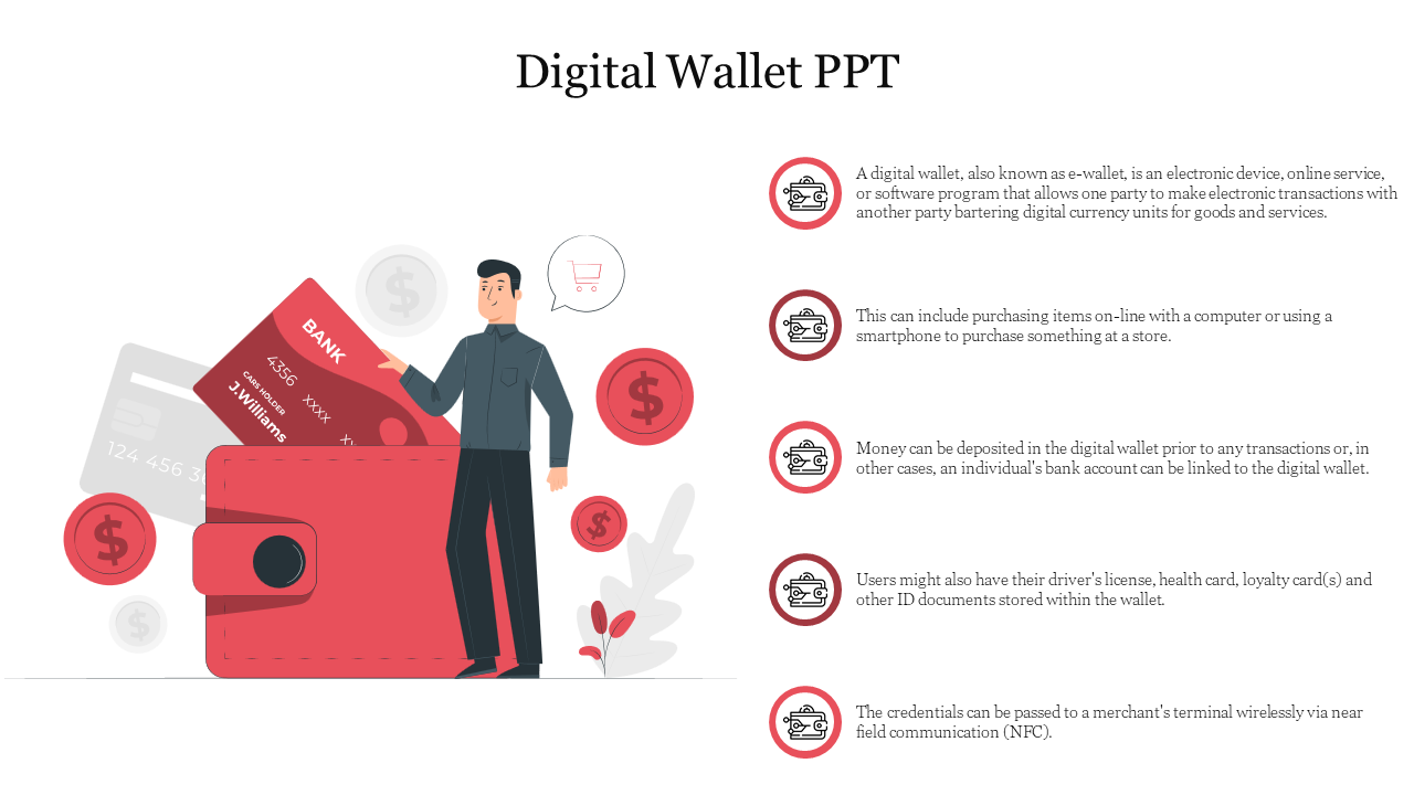 Man interacting with a wallet containing credit cards, and floating coins in red color, alongside five icons with text.