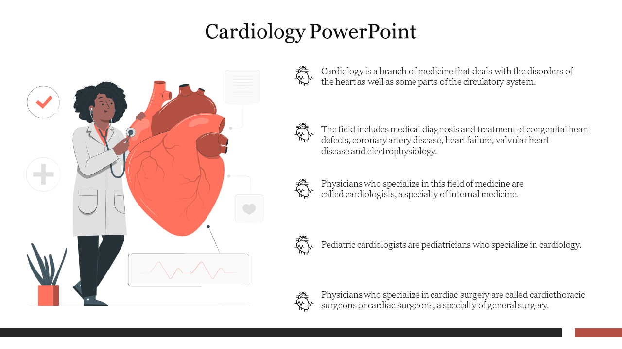 A slide showing a doctor with a stethoscope and an enlarged heart illustration, detailing key cardiology facts.