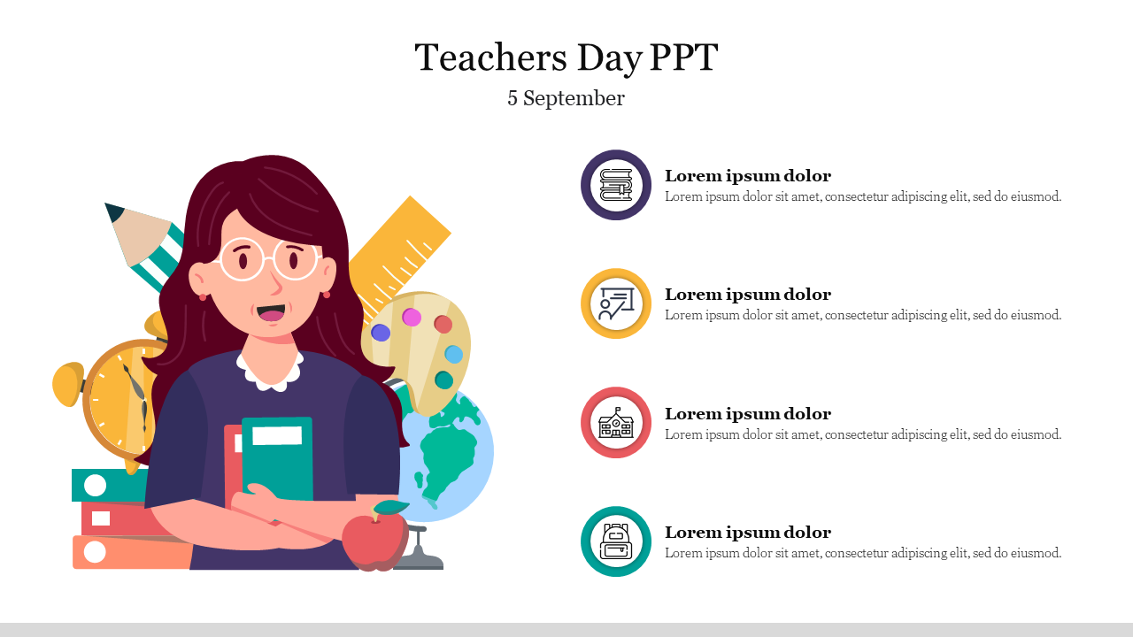 Illustrative teacher's day slide with a female teacher, educational symbols, and four text bullet points with icons.