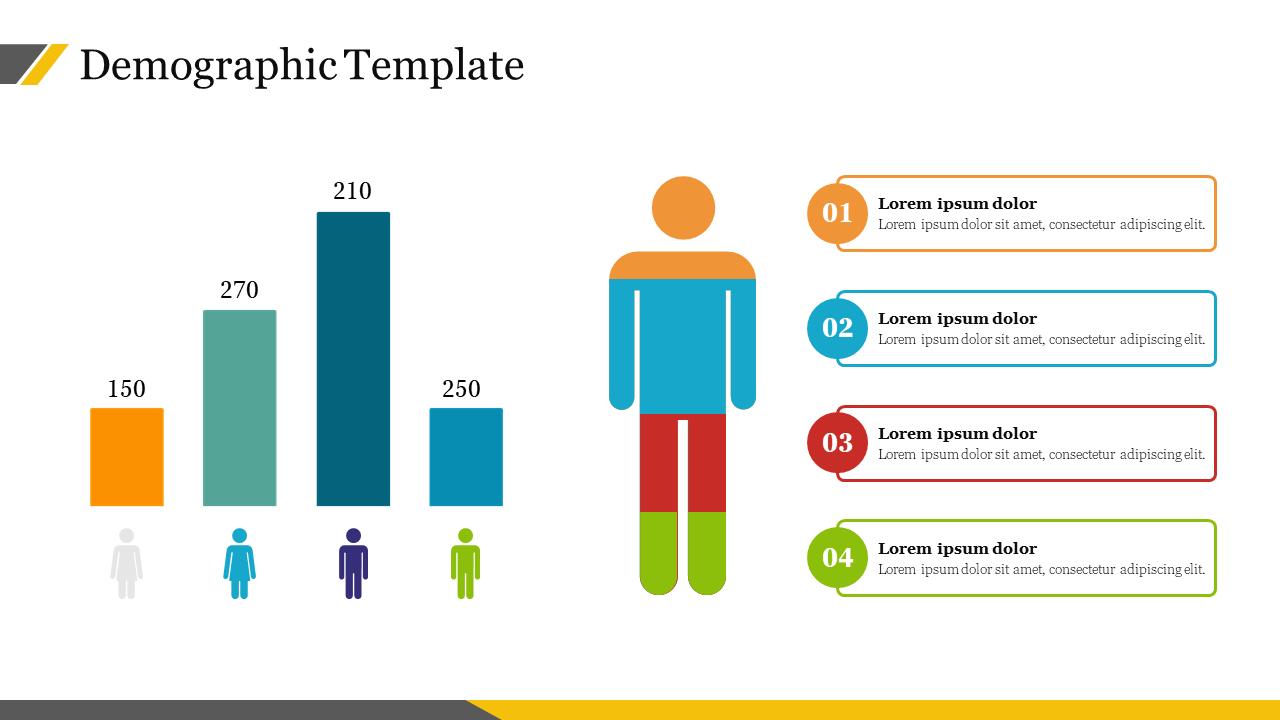 Demographic slide with a bar chart, a segmented human icon, and four descriptive boxes to the right.