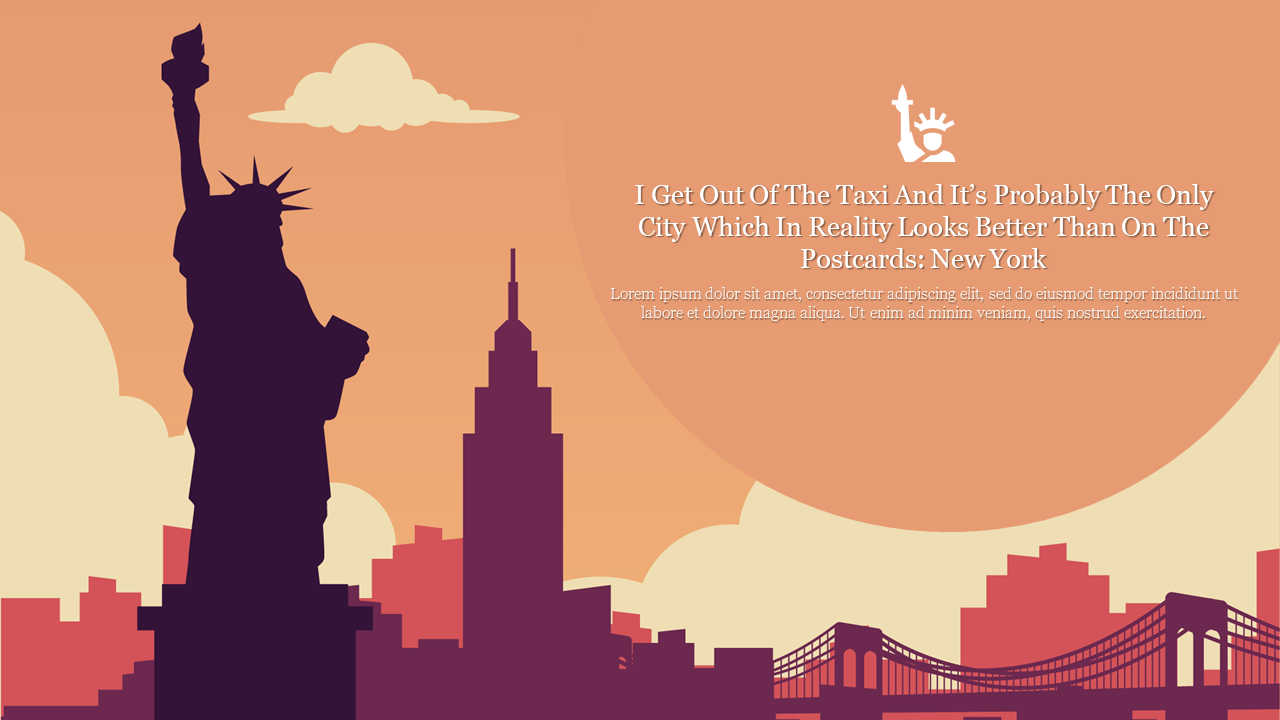 Silhouette of the statue of liberty against a new york city skyline at sunset with a quote.