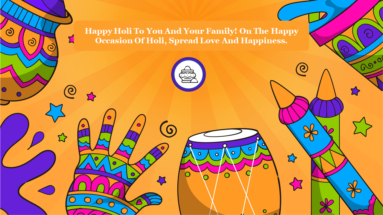 Colorful Holi-themed illustration with vibrant patterns, dhol, water guns, and decorated hand shapes on an orange background.