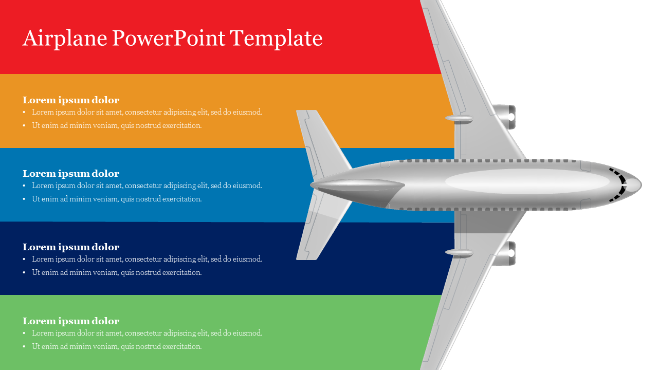 A jet airplane illustration with bold, multicolored text boxes with placeholder text on the left side of the slide.