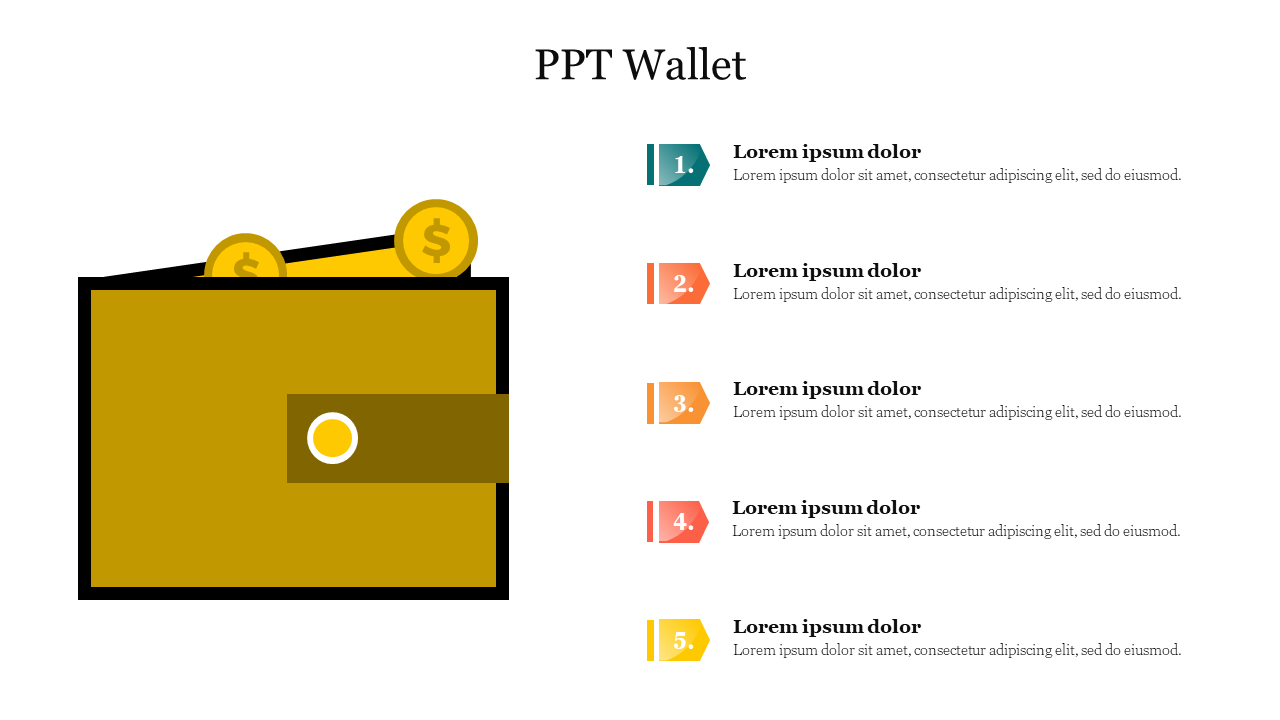 Illustrative wallet slide with two coins, labeled sections in teal, orange, and yellow blocks with placeholder text areas.