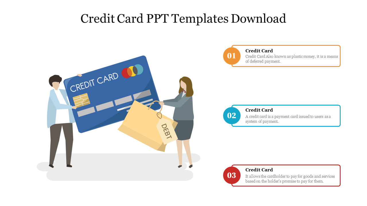 Illustration of two people handling a large credit card and debt bag, with numbered colorful text boxes beside them.